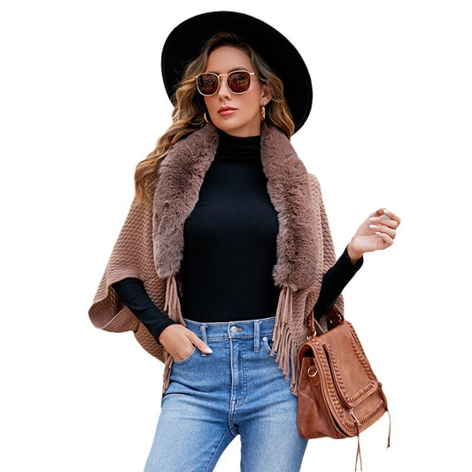 Capa Abrigo Tejida con Cuello de Piel y Borlas para Mujer - Image 2