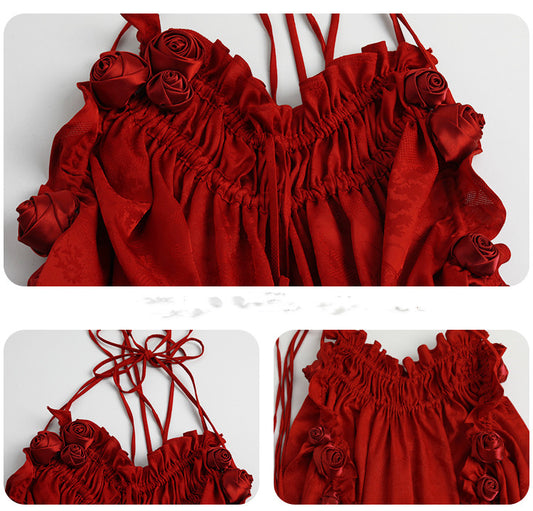 Vestido de Satén con Flores 3D y Espalda Descubierta - Image 2