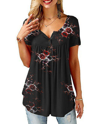 Camiseta Cuello V Estampada para Mujer - Manga Corta Europeo Americano - Image 2