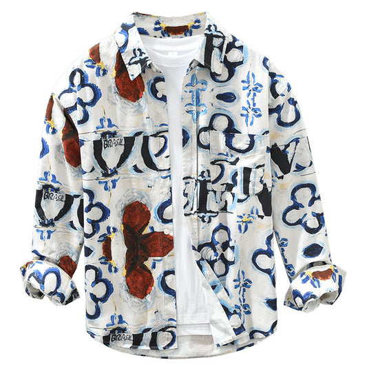 Camisa Estampada de Algodón con Diseño Artístico - Manga Larga Holgada y Casual para Hombre - Image 2