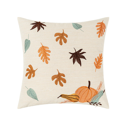 Funda de Cojín Decorativo Otoñal con Bordado de Hojas de Arce y Calabaza - Image 2