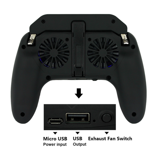 Black and red game controller with phone holder, dual cooling fans, and power bank function for smartphones. - Image 2