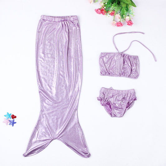 Girls' three-piece mermaid swimsuit with shimmery green and blue gradient tail, bandeau top, and ruffled bikini bottoms. - Image 2