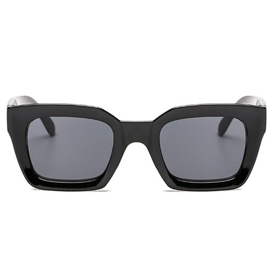 Black vintage-style sunglasses with thick plastic frames and dark rectangular lenses, featuring a subtle cat-eye shape. - Image 2