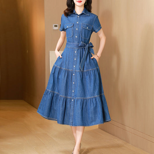 Vestido Camisero de Algodón con Falda Larga y Detalle Denim - Image 2