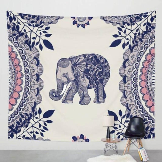 Bohemian elephant tapestry with an ornate blue and grey elephant, surrounded by pink and blue mandala patterns. - Image 2