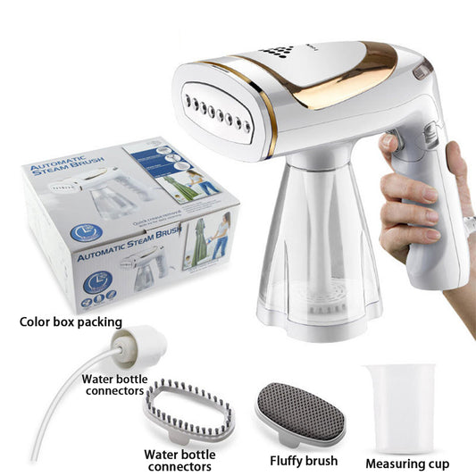 White and gold handheld folding steam iron with clear cistern, long bristle brush, fluff brush, and measuring cup. - Image 2