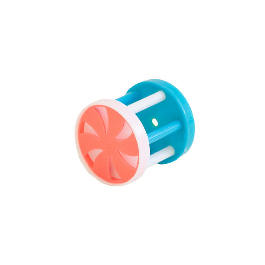 Colorful plastic cat bell roller toy with yellow and orange wheel, white and yellow rods, and a white end cap. - Image 2