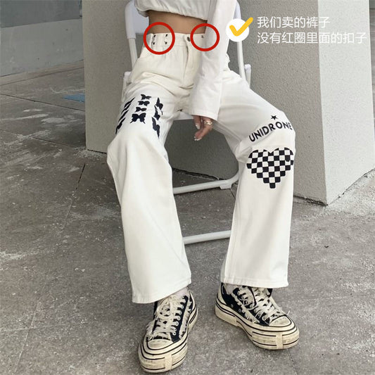 Pantalones Rectos Cintura Alta con Estampado Cuadriculado Corazones - Image 2