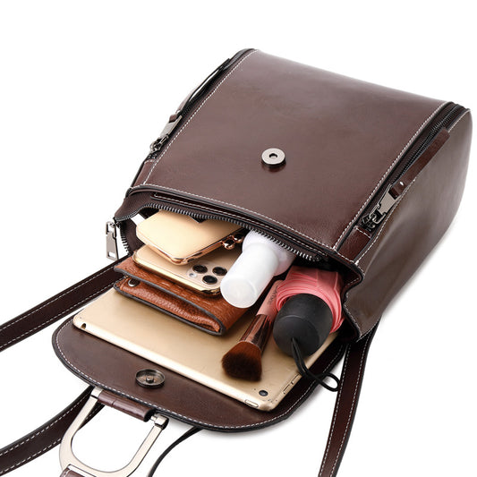 Mochila de Cuero Genuino para Mujer - Estilo Coreano con Hebilla y Acabado Encerado - Image 2