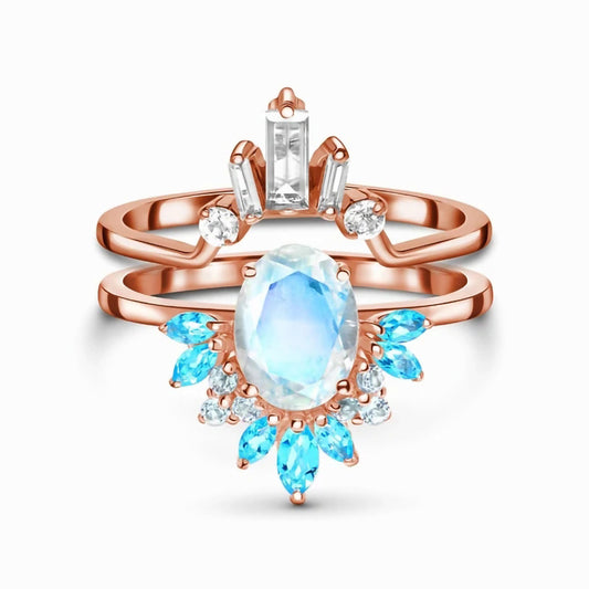 Anillo Doble Plata Esterlina con Piedra Luna y Oro Rosado - Image 2