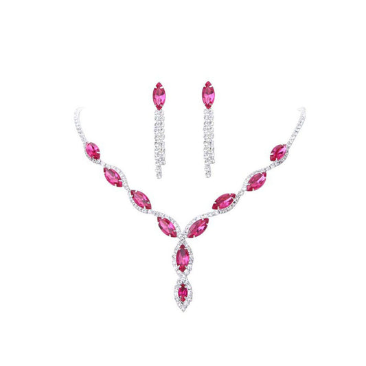 Red marquise rhinestone necklace and dangle earrings set on a silver-tone setting, perfect for bridal or formal wear. - Image 2