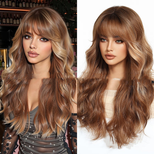 Peluca Larga Rizada con Mechas Castaño Claro - Cobertura Total - Image 2