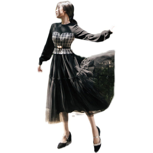 Vestido Cuadros con Malla Combinada - Elegancia y Temperamento - Image 2