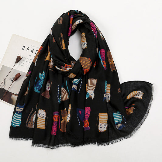 Bufanda Larga de Otoño e Invierno con Gato Cartoon - Poliéster Suave para Mujer - Image 2