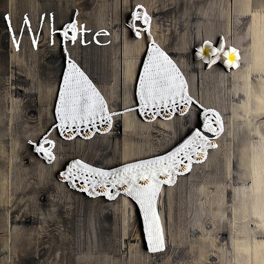 Lake green handmade crochet bikini set with gold beads, featuring a triangle top and thong bottom on wood. - Image 2