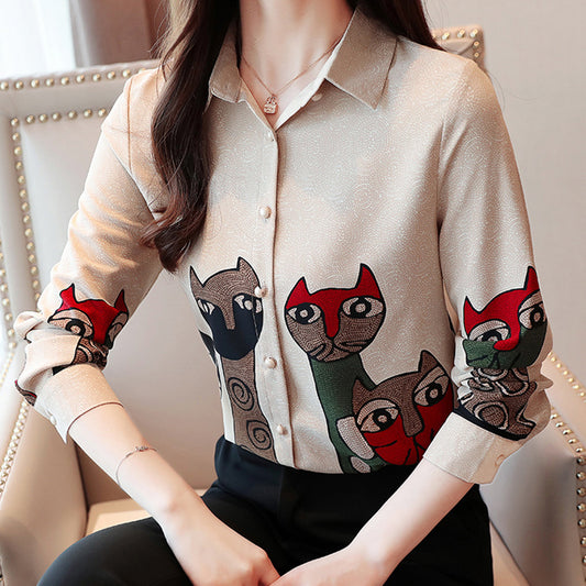 Blusa Vintage con Estampado de Gatos en Chifón para Primavera y Otoño - Image 2