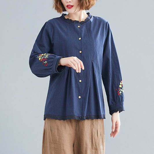 Blusa Oversized con Encaje Bordado en Cuello y Mangas Largas - Image 2
