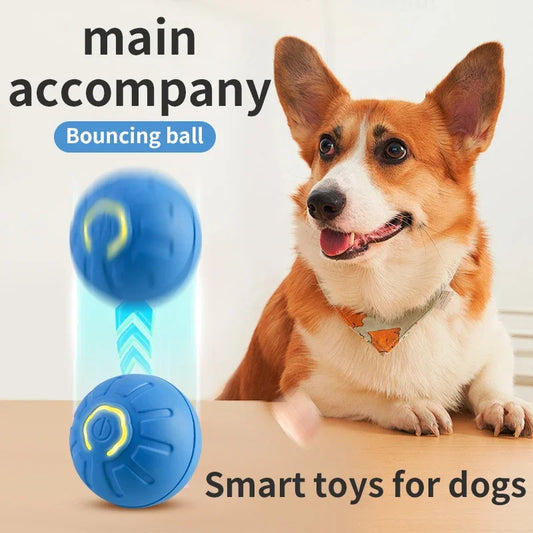 Blue smart pet toy ball with a glowing yellow power button, an electronic interactive toy for dogs and cats. - Image 2