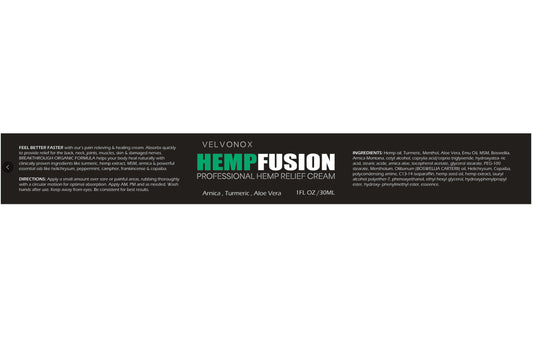 Velvonox HempFusion Professional Hemp Relief Cream label, 1 fl oz, with Arnica, Turmeric, and Aloe Vera. - Image 2