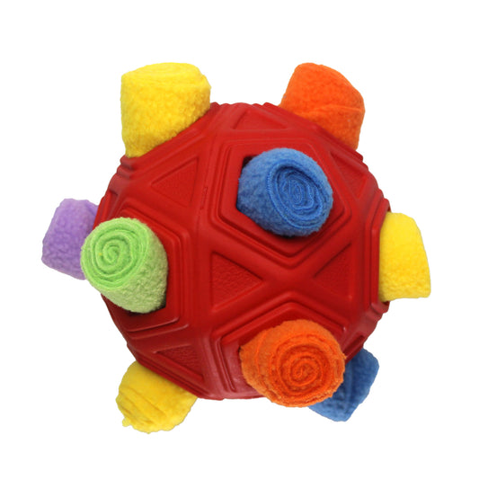Purple hollow-out pet dog toy ball with colorful fabric protrusions for biting and smelling activities. - Image 2