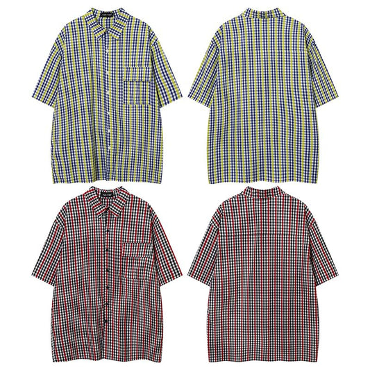 Camisa de Manga Corta con Estampado Cuadros y Bloques de Color - Estilo Vintage Americano para Hombre - Image 2
