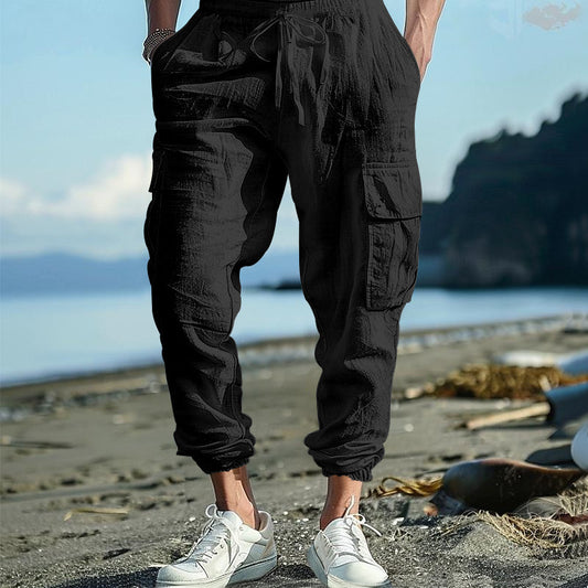Pantalones Casuales de Algodón y Lino con Múltiples Bolsillos y Cordón Ajustable - Image 2