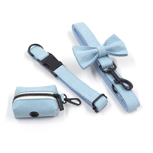 Collar y Correa para Mascotas Terciopelo Azul Claro con Hebilla Negra y Moño - Image 2