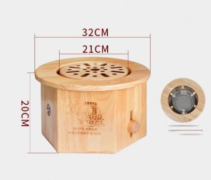 Octagonal oak sitting moxibustion instrument with a perforated top and a visible metal warming element. - Image 2