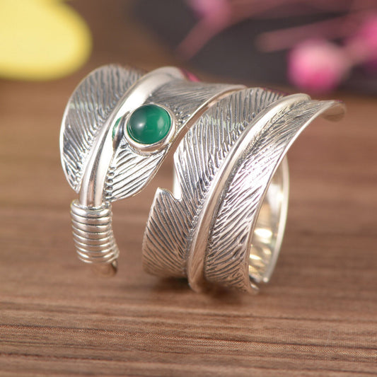 Anillo de Plata 925 con Ágata Verde Incrustada en Forma de Pluma - Image 2
