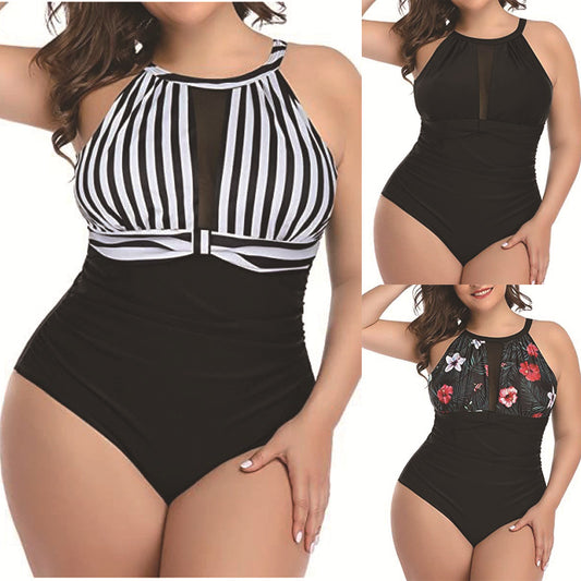 Plus size black one-piece swimsuit with a halter neck and mesh V-neck insert, featuring ruched sides. - Image 2