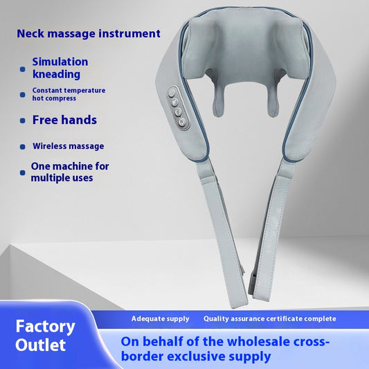 Light gray shoulder and neck massager with blue trim, control buttons, and hanging straps on a white background. - Image 2
