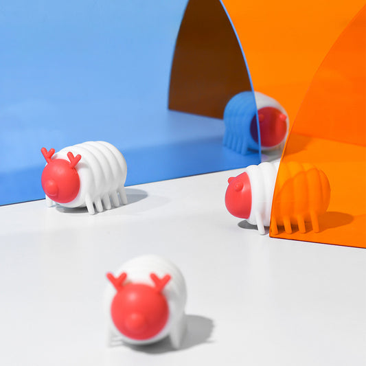 White and red interactive cat toy shaped like a segmented caterpillar with small legs and antennae. - Image 2