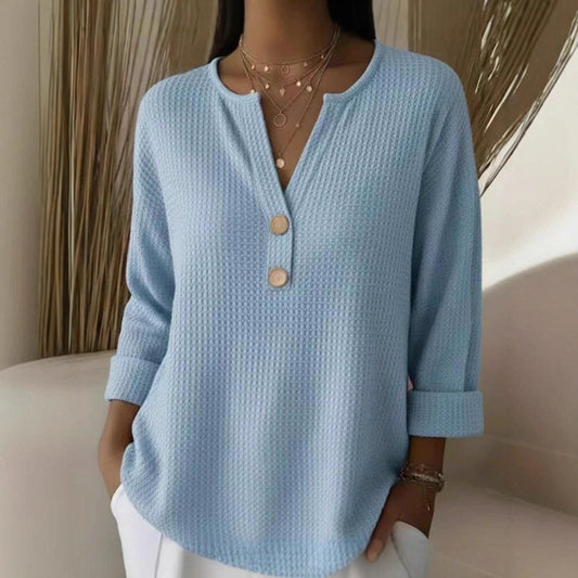 Blusa Suelta de Punto Waffle con Cuello V y Manga Larga - Image 2