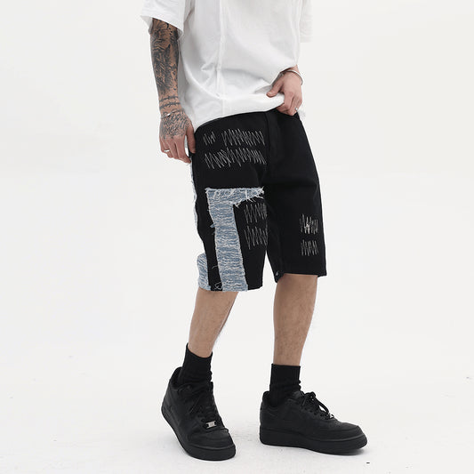Shorts Denim con Paneles de Contraste Bordados para Hombre - Image 2
