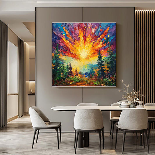 Cuadro Óleo Pintado a Mano - Amanecer en el Bosque con Luz Brillante | Arte Moderno 3D para Hogar - Image 2