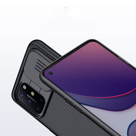 Black textured phone case for OnePlus 8T with a sliding camera cover and precise cutouts for buttons. - Image 2