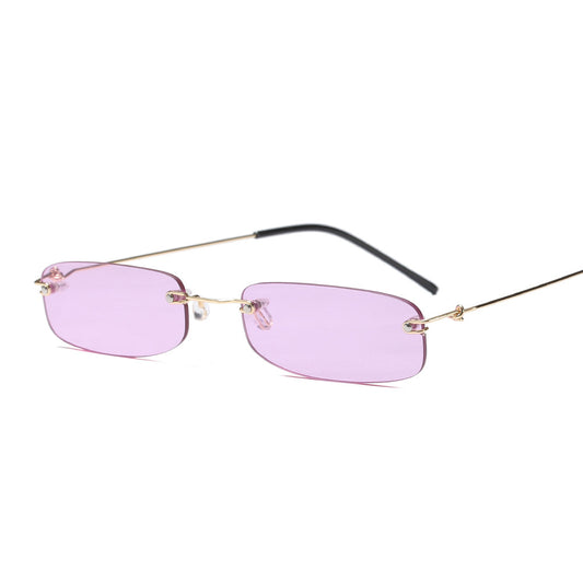 Rimless trendy sunglasses with rectangular orange lenses and gold-tone metal frames, featuring black temple tips. - Image 2