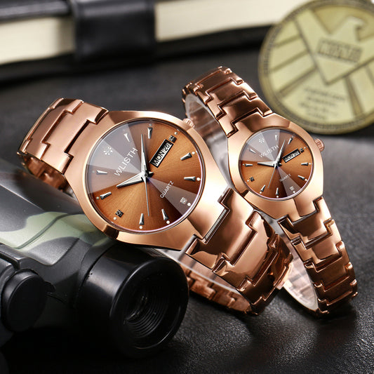 Reloj de Pareja Dorado Luminoso con Correa de Acero Impermeable - Image 2