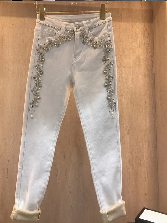 Pantalones Cintura Alta Ajustados con Detalles de Pedrería y Terciopelo - Image 2