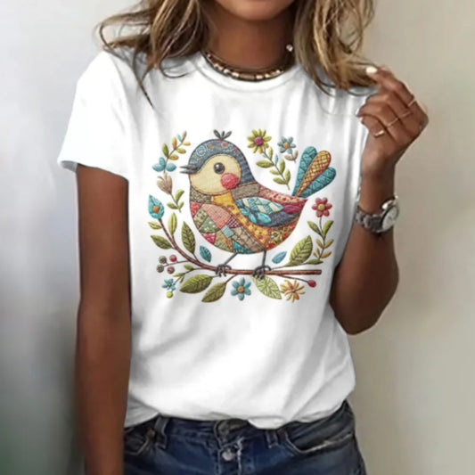 Playera Casual para Mujer con Estampado Vintage de Aves y Flores - Image 2