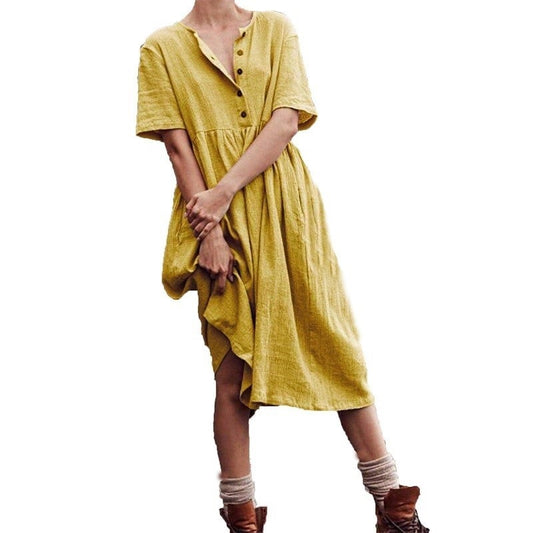Vestido Entallado de Algodón y Lino con Manga Corta y Falda Amplia - Image 2