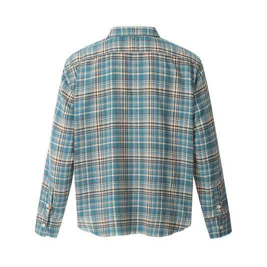 Camisa Polo Manga Larga Estilo Retro Americano a Cuadros con Borde Crudo - Image 2