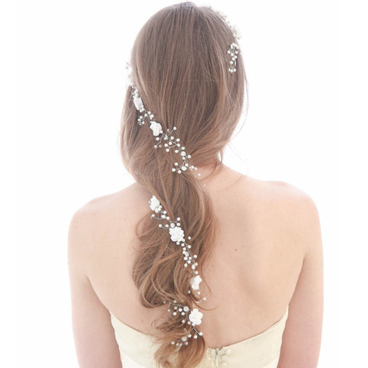 Cadena de Flores para el Cabello de Novia - Perlas Blancas Hecha a Mano - Image 2