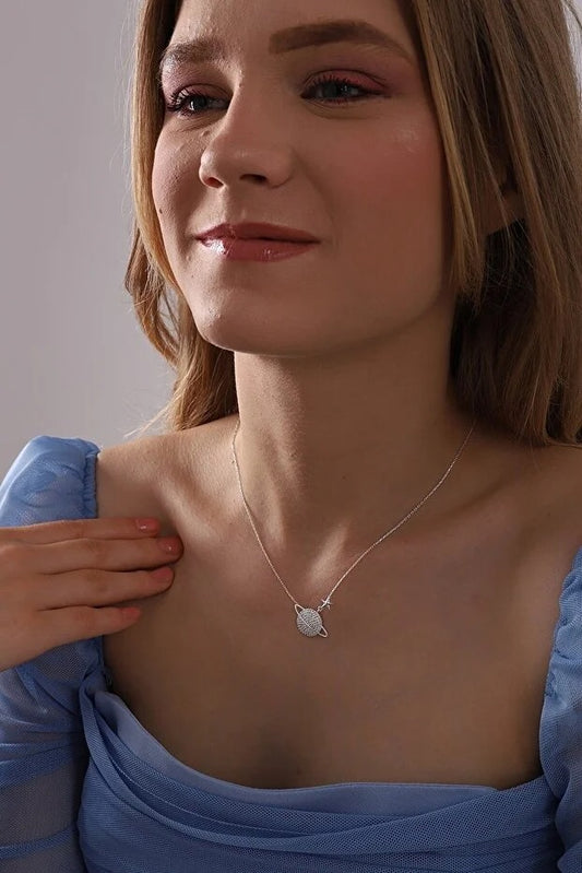 Collar de Plata 925 con Planeta Saturno y Piedra de Circón Blanco - Image 2