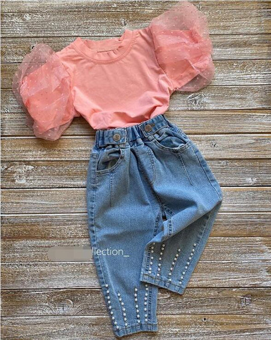 Conjunto de Blusa de Encaje y Jeans con Bolsillos Decorados - Image 2