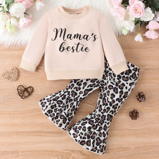 Girls' light pink "Mama's bestie" long-sleeve top with leopard print bell-bottom pants. - Image 2