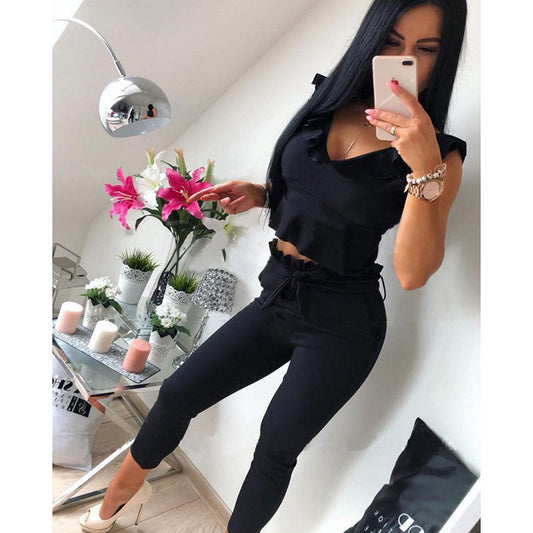 Conjunto Elegante: Blusa sin Mangas con Volantes y Pantalón Liso - Image 2