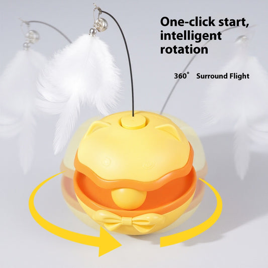 Lemon yellow electric cat toy tumbler with a white feather teaser and two teal worm-like replacement heads. - Image 2