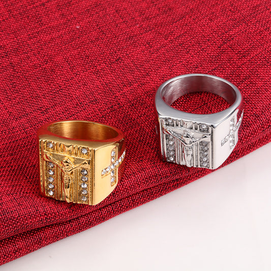 Anillo Retro con Cruz de Jesús - Símbolo de Fe y Devoción - Image 2